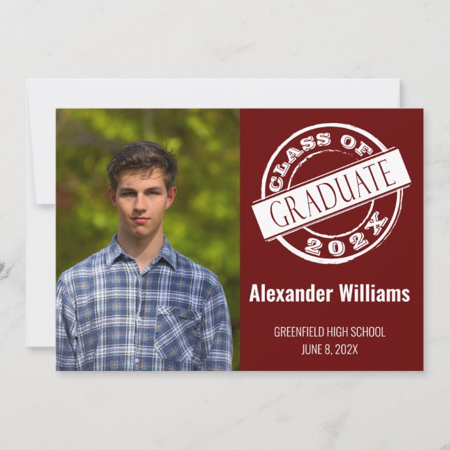 Modern Burgundy Male Photo Grad Graduation Party  Invitation (Front)