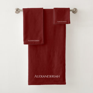 Modern Burgundy Maroon Rust Red Monogrammed Name Bath Towel Set