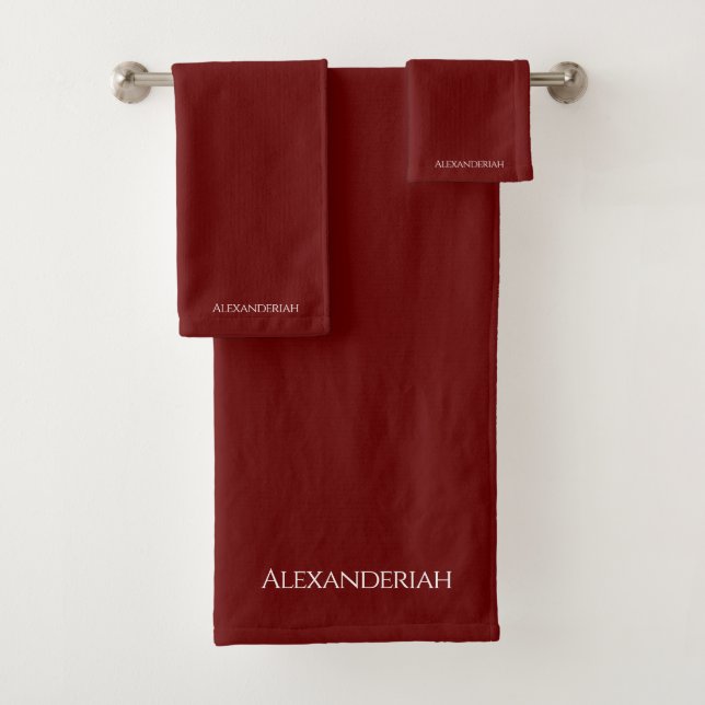 Modern Burgundy Maroon Rust Red Monogrammed Name Bath Towel Set (Insitu)