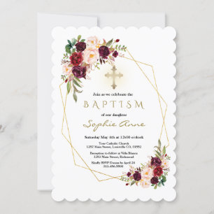 Modern Burgundy Marsala Floral Gold Cross Baptism Invitation