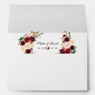 Modern Burgundy Marsala Floral Handwriting Wedding Envelope
