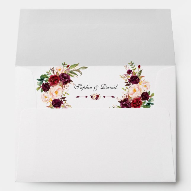 Modern Burgundy Marsala Floral Handwriting Wedding Envelope (Back (Bottom))
