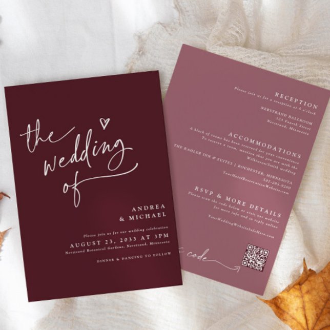 Modern Burgundy / Merlot Handwriting Heart Wedding Invitation (Creator Uploaded)
