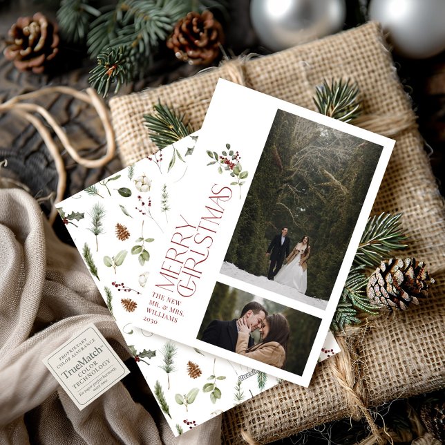Modern Burgundy Merry Christmas Typography 2 Photo Holiday Card (Creator Uploaded)