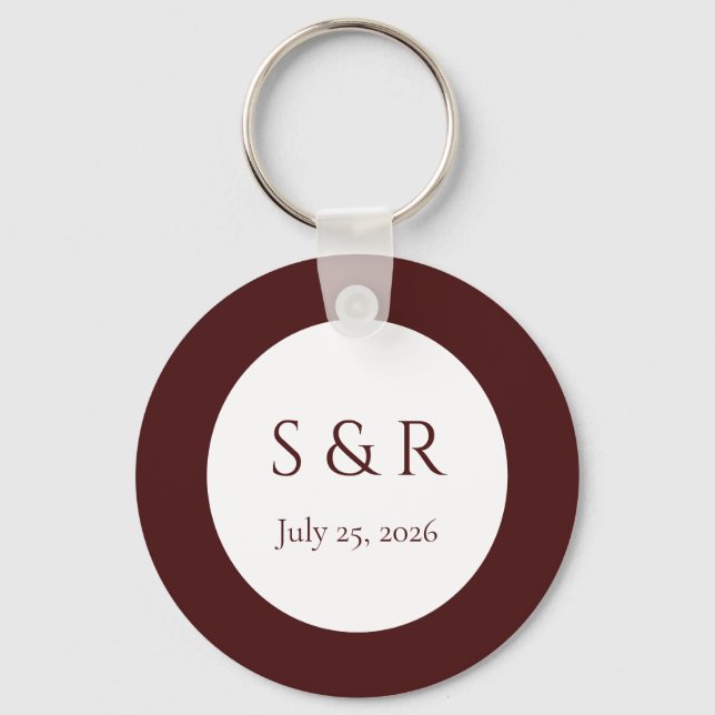 Modern Burgundy Minimal Monogram Wedding Favour  Key Ring (Front)