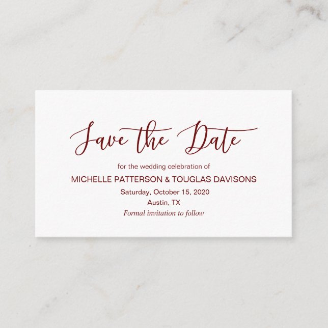 Modern Burgundy minimalism font Save the date Enclosure Card (Front)