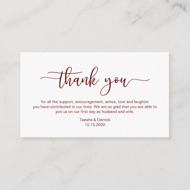 Modern Burgundy minimalism font Wedding Thank you Enclosure Card (Front)