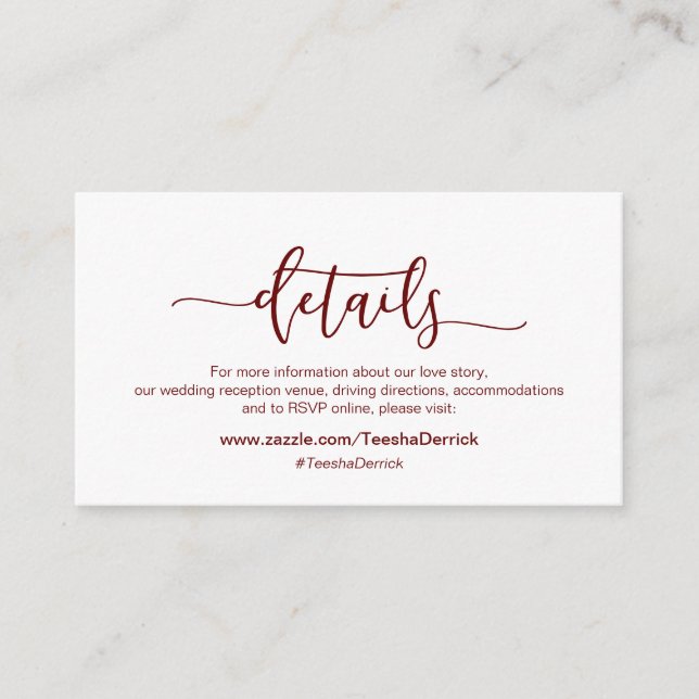 Modern Burgundy minimalism Our Wedding Details Enclosure Card (Front)