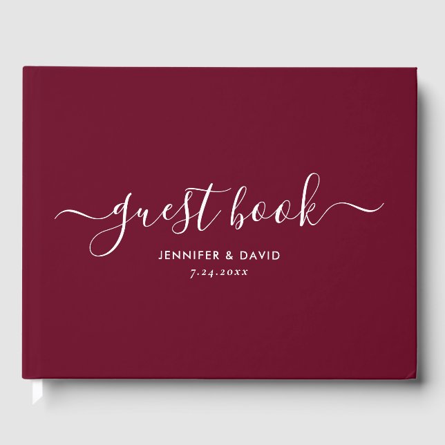 Modern Burgundy Minimalist Script Wedding Guest Book (Front)