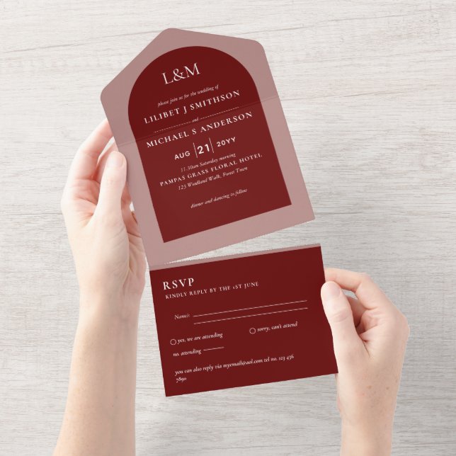 Modern Burgundy Monochrome Wedding All In One Invitation (Tearaway)