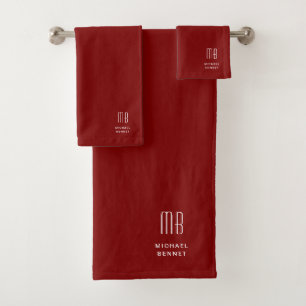 Modern Burgundy Monogram Bath Towel Set
