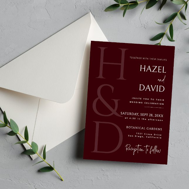 Modern Burgundy Monogram Minimalist Wedding Invitation (Creator Uploaded)