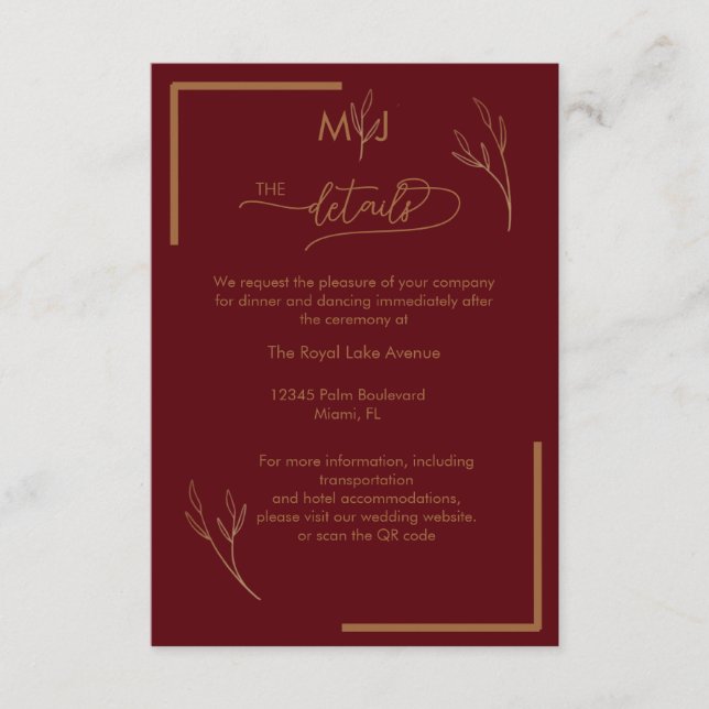 Modern Burgundy  Monogram Wedding Details Enclosure Card (Front)
