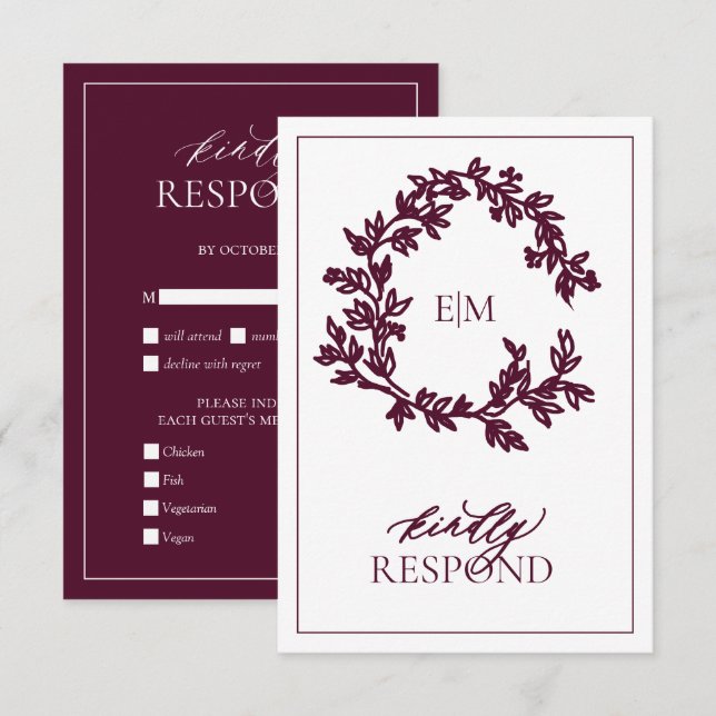 Modern Burgundy Monogram Wedding RSVP Card (Front/Back)