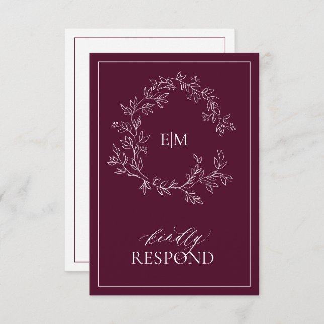 Modern Burgundy Monogram Wedding RSVP Card (Front/Back)