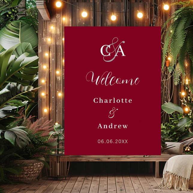Modern burgundy monogrammed wedding welcome sign (Creator Uploaded)