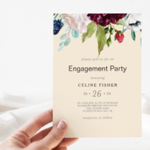 Modern Burgundy Navy Blush Floral Engagement Party Invitation