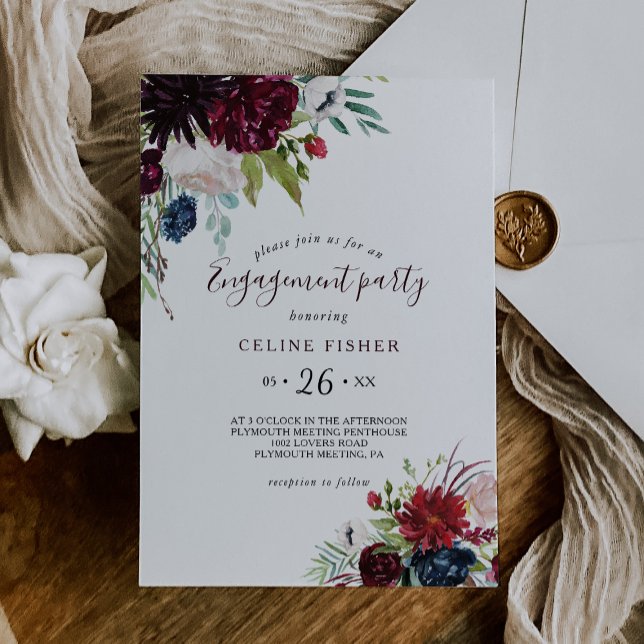 Modern Burgundy Navy Blush Floral Engagement Party Invitation (Creator Uploaded)