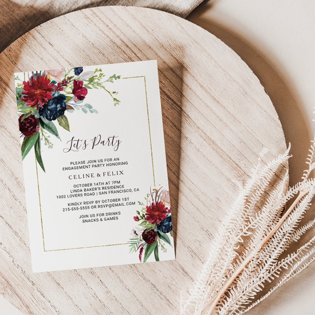 Modern Burgundy Navy Blush Floral Let's Party Invitation (Creator Uploaded)
