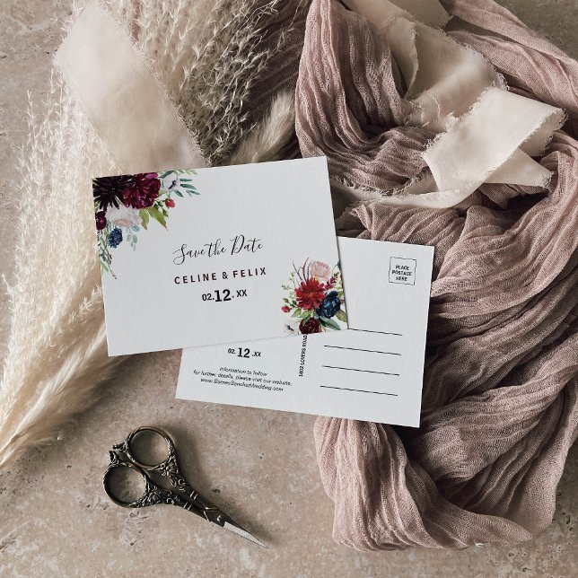 Modern Burgundy Navy Blush Floral Save the Date Postcard (Creator Uploaded)