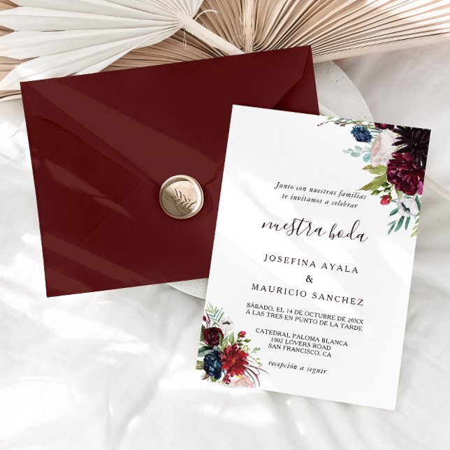 Modern Burgundy Navy Blush Floral Spanish Wedding Invitation (Creator Uploaded)