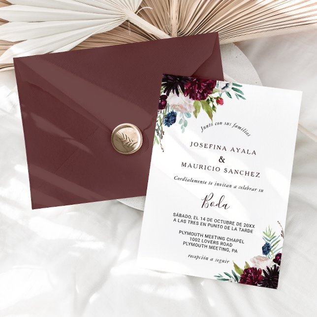 Modern Burgundy Navy Blush Floral Spanish Wedding Invitation (Creator Uploaded)