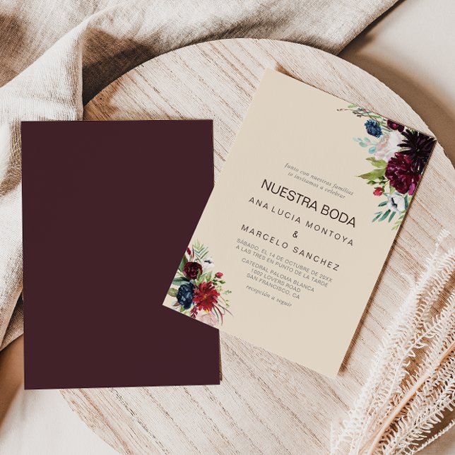 Modern Burgundy Navy Blush Floral Spanish Wedding  Invitation (Creator Uploaded)