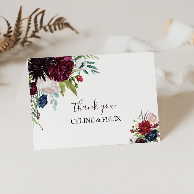 Modern Burgundy Navy Blush Floral Thank You Card (Creator Uploaded)