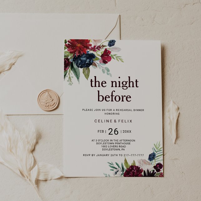 Modern Burgundy Navy Blush Floral The Night Before Invitation (Creator Uploaded)