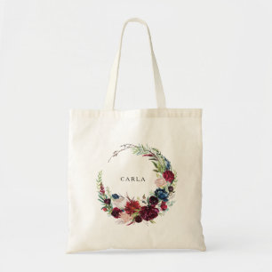 Modern Burgundy Navy Blush Floral Tote Bag