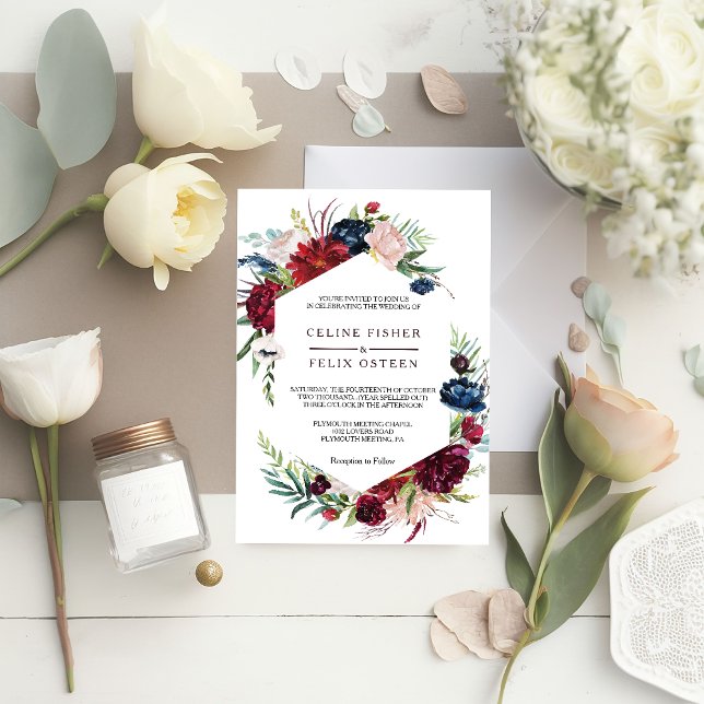 Modern Burgundy Navy Blush Floral wedding Invitation (Creator Uploaded)