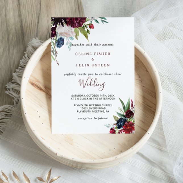 Modern Burgundy Navy Blush Floral Wedding Invitation (Creator Uploaded)