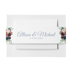 Modern burgundy navy floral belly band invitation belly band