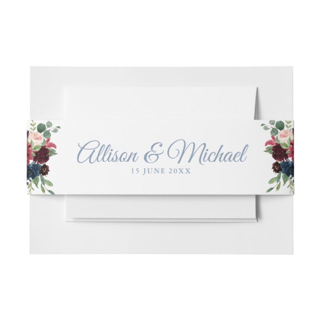 Modern burgundy navy floral belly band invitation belly band (Front Example)