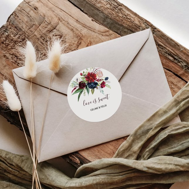 Modern Burgundy Navy Floral Love is Sweet Wedding Classic Round Sticker (Creator Uploaded)