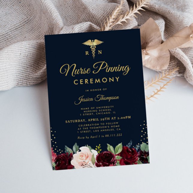 Modern burgundy navy floral Nurse pinning ceremony Invitation (Creator Uploaded)