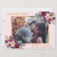 Modern Burgundy Navy Floral on Pink Save the Date