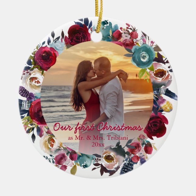 Modern Burgundy Navy Floral Our First Christmas Ceramic Tree Decoration (Front)