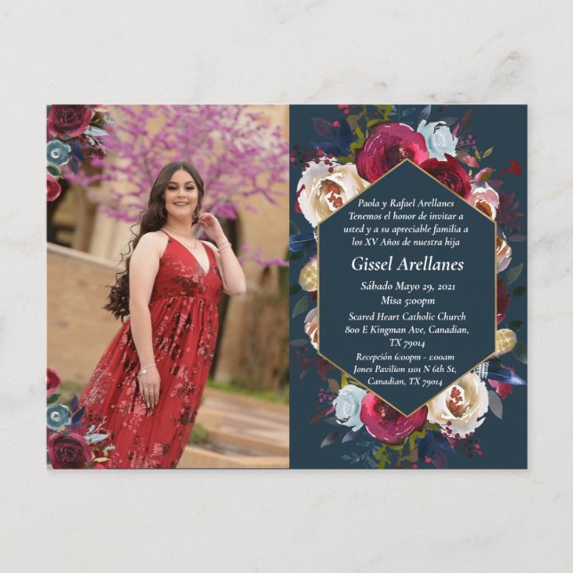 Modern Burgundy Navy Floral Photo Save the Date An Announcement Postcard (Front)