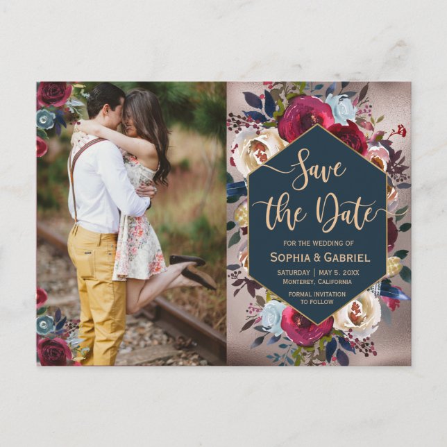 Modern Burgundy Navy Floral Photo Save the Date Announcement Postcard (Front)