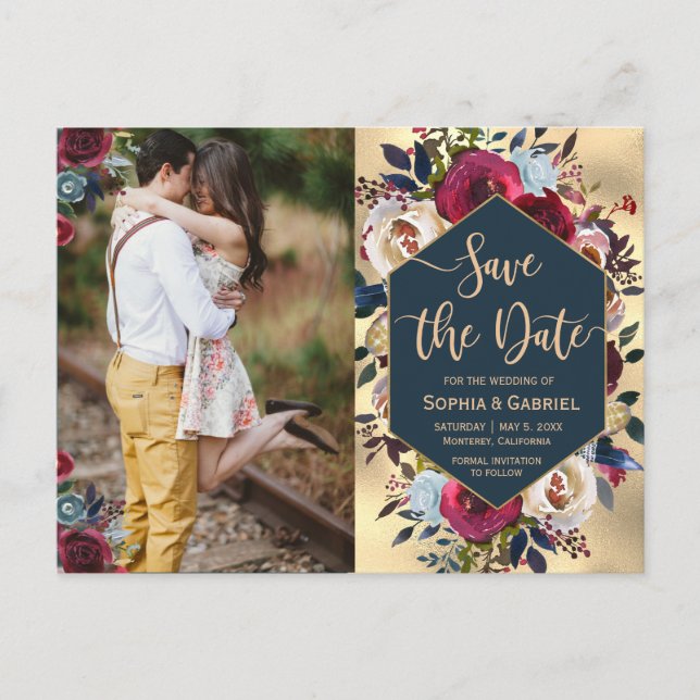 Modern Burgundy Navy Floral Photo Save the Date Announcement Postcard (Front)