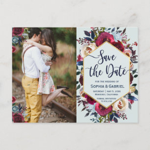 Modern Burgundy Navy Floral Photo Save the Date Announcement Postcard