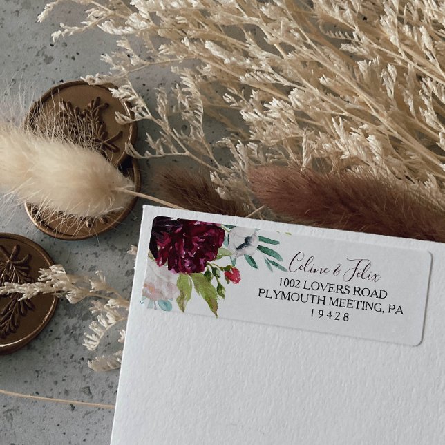 Modern Burgundy Navy Floral Return Address Label (Creator Uploaded)