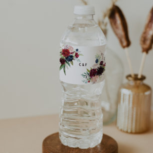 Modern Burgundy Navy Floral Water Bottle Label