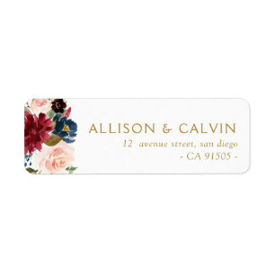 Modern burgundy navy floral wedding address label