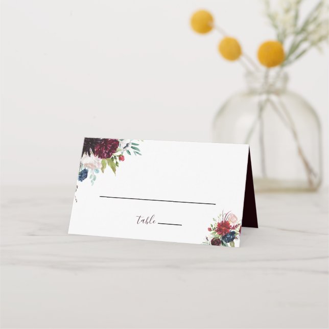 Modern Burgundy Navy Floral Wedding Place Card (Front)