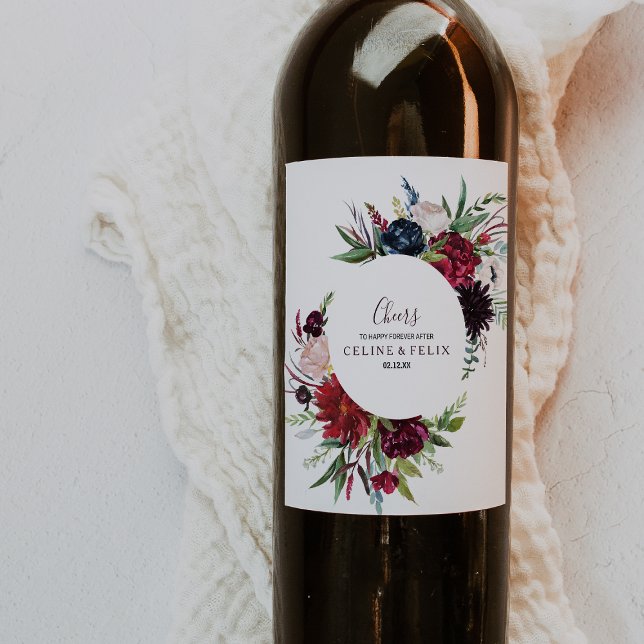 Modern Burgundy Navy Floral Wedding Wine Labels (Creator Uploaded)