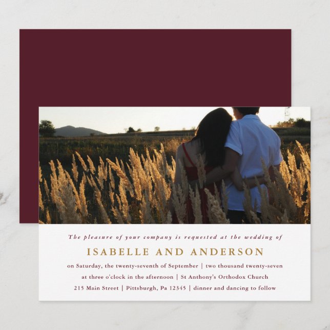 Modern Burgundy One Photo Wedding Invitation (Front/Back)