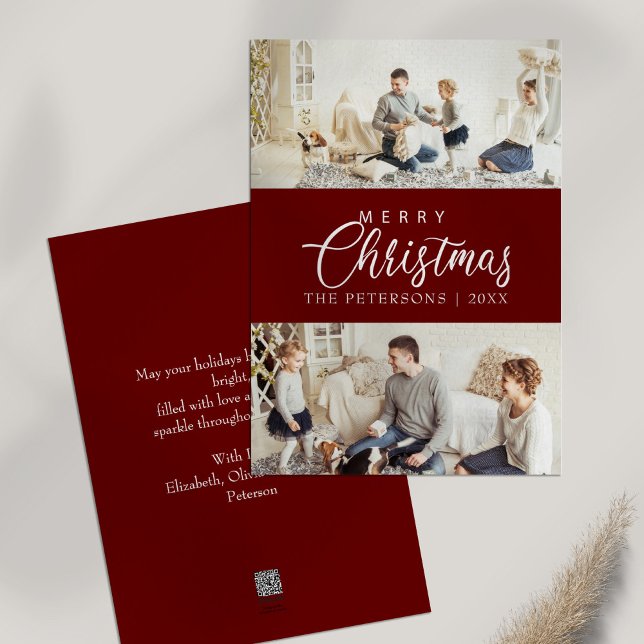 Modern Burgundy Photo Collage Christmas  Holiday Card (Modern Burgundy Photo Collage Christmas Holiday Card on white table)