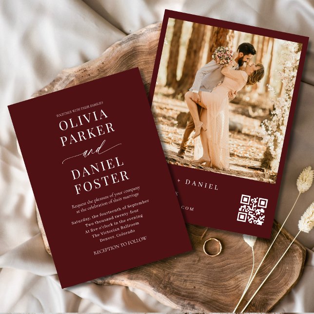 Modern Burgundy Photo QR Code Wedding Invitation (Creator Uploaded)